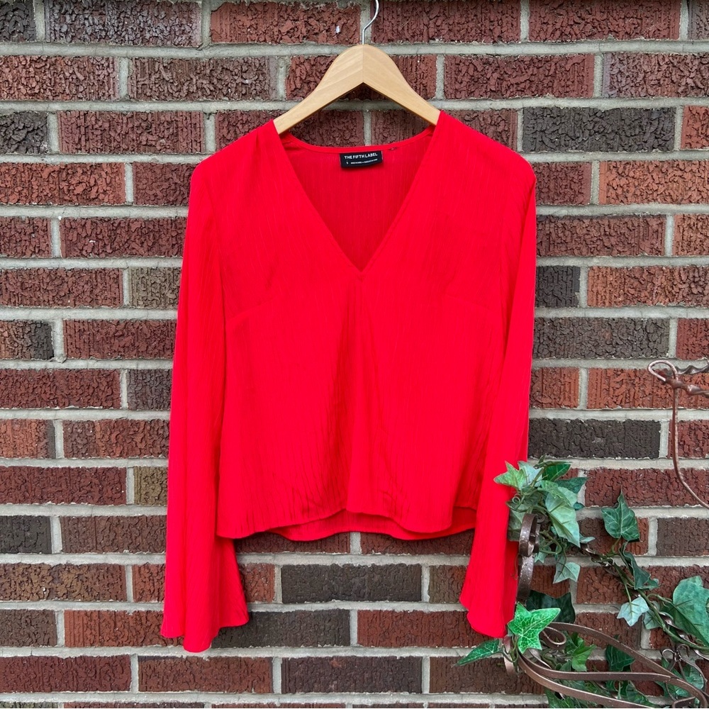 The Fifth Label Red V Neck Bell Sleeve Chiffon Top